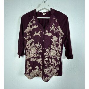 Tiny Anthropologie Women Purple Embroidered Bird & Floral Top Small 3/4 Sleeves